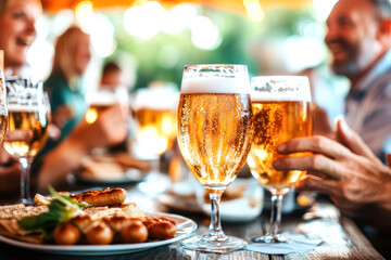 table with people sitting at the Oktoberfest drinking beer from mugs and eating snacks. AI generative.