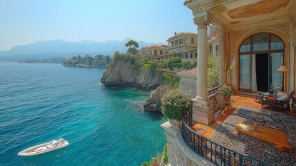 Elegant Italian coastal villa with a private balcony, luxurious furnishings, and spectacular views of the ocean