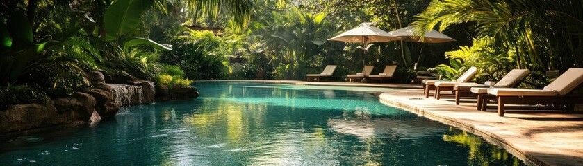 Fototapeta premium Tropical Pool Oasis with Lush Greenery and Lounging Chairs