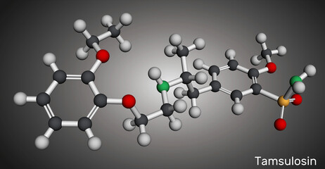 Tamsulosin drug molecule. Used to treat benign prostatic hyperplasia, ureteral stones, prostatitis. Molecular model. 3D rendering
