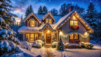 Fototapeta premium Festively lit snow-covered house with icicle-adorned roof, garland-draped porch, and twinkling window displays, surrounded by snowflakes and evergreen trees under a starry night sky.