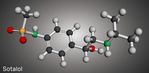 Sotalol drug molecule. Used to treat and prevent abnormal heart rhythms. Molecular model. 3D rendering