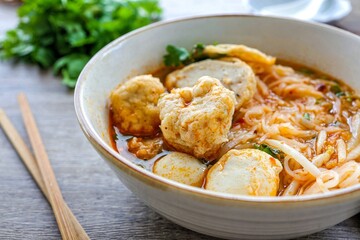 Thin rice noodles soup  with meatball in a ceramic bowl  with chopsticks on wooden backgroud 