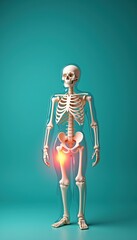 A detailed anatomical skeleton illustration highlighting hip pain, ideal for medical, health, and educational projects.