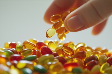 A hand picks up a yellow capsule from a pile of colorful capsules.