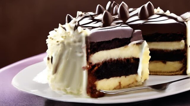  Deliciously decadent chocolate cake with white frosting and chocolate shavings