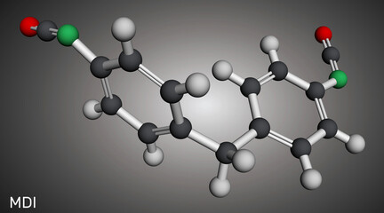 Obraz premium Methylene diphenyl diisocyanate, MDI molecule. It is core component in polyurethane synthesis. Molecular model. 3D rendering