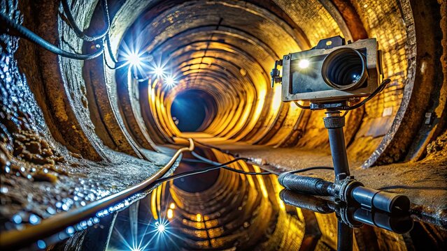 Flexible waterproof pipe inspection camera with LED lights and high-resolution sensor examining corroded sewer drain pipe infrastructure for maintenance and repair assessment.
