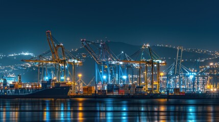 Fototapeta premium Seaport scene at night, featuring large cranes and cargo containers.