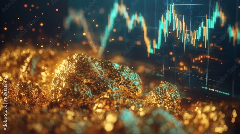 Poster detailed view of a financial chart showing gold price movements, with candlestick patterns and indic