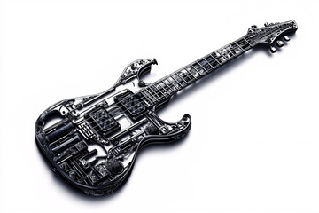 Obraz premium Futuristic Weapon-Inspired Electric Guitar Design, Tactical Music Instrument with Military Aesthetic, Detailed and Modern Fusion of Combat and Music Elements