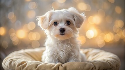 Fluffy white Maltese puppy sits on a soft cushion, looking adorable with big brown eyes and a sweet expression, surrounded by gentle light.