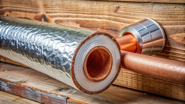 Foam insulation wrapped around a copper pipe, secured with silver tape, against a rustic background, emphasizing energy efficiency and thermal protection.