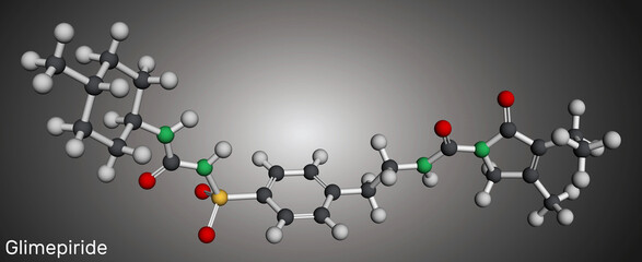 Glimepiride molecule. It is sulfonylurea drug used to treat type 2 diabetes. Molecular model. 3D rendering