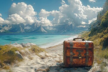 Fototapeta premium Suitcase sitting on the sand near the ocean, travel concept
