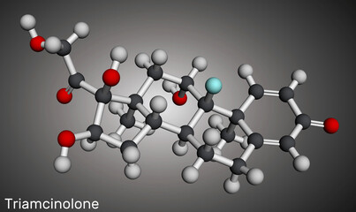 Triamcinolone glucocorticoid molecule. It is used to treat a wide variety of inflammatory conditions. Molecular model. 3D rendering