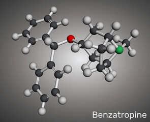 Benztropine molecule. It is used to treat Parkinson's disease. Molecular model. 3D rendering