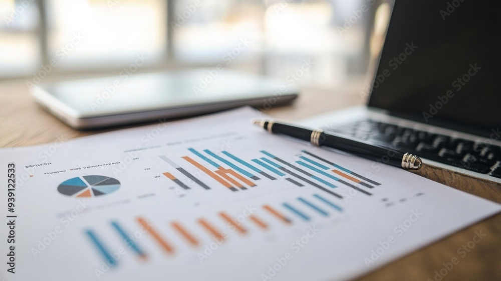 Fototapete detailed view of a financial report with bar graphs and pie charts on a desk with a laptop and pen