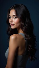 A striking portrait of a young woman with wavy hair, exuding confidence and beauty against a dark background, perfect for fashion, beauty, or lifestyle themes.