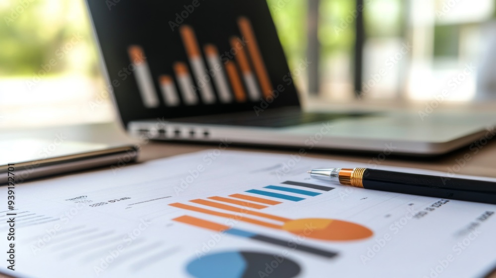 Fototapete detailed view of a financial report with bar graphs and pie charts on a desk with a laptop and pen