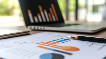 Fototapeta premium Detailed view of a financial report with bar graphs and pie charts on a desk with a laptop and pen