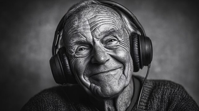 black and white photo of a smiling old man listening to music with headphones