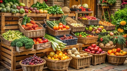 Obraz premium Fresh fruits, vegetables, and packaged goods overflow from wicker baskets and wooden crates in a rustic, earthy-toned farmer's market display arrangement.