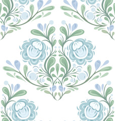 Decorative vector Slavic pattern with bouquet of blue flowers. Folk floral textile. National surface design with flowers and foliage for fabrics, tablecloths and curtains