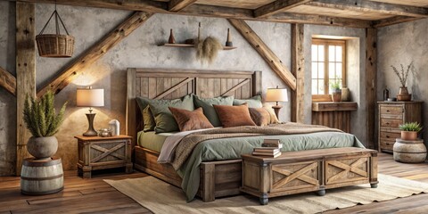 Soft morning light wraps the Barnwood-framed bed, pillows plush, surrounded by rustic vases and crates, exuding rural serenity in earthy hues of beige, oak, and sage.
