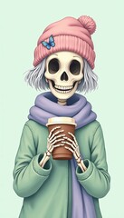 A whimsical illustration of a cheerful skeleton wearing a pink beanie, holding a coffee cup, perfect for quirky designs, Halloween promotions, or youthful brand imagery.