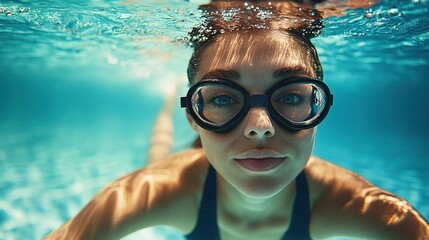Fototapeta premium Underwater image of female swimmer in swimsuit and training goggles in swimming pool. copy space for text.