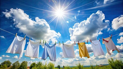 Fresh laundry hangs outside on a clothesline against a bright blue sky with fluffy white clouds on a sunny day in a serene environment.