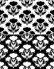 Fototapeta premium Set of vector decorative monochrome seamless pattern with bloom flowers silhouette. Collection of rustic surface design on white and black background for fabrics and wallpapers.