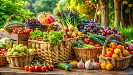 Fresh produce overflowing from wicker baskets at an outdoor organic market, with vibrant fruits and vegetables arranged artfully on a rustic wooden table.