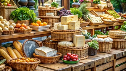 Fototapeta premium Fresh seasonal produce, artisanal cheeses, and crusty breads on display at a bustling organic market, surrounded by woven baskets and vintage wooden crates.