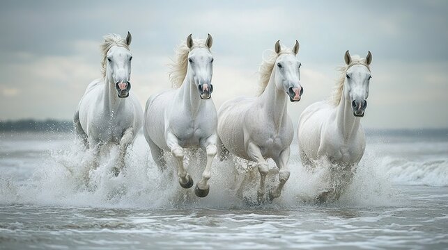 White horses of camargue running out of the water, camargue. Animal concept. copy space for text. Image of white horses.