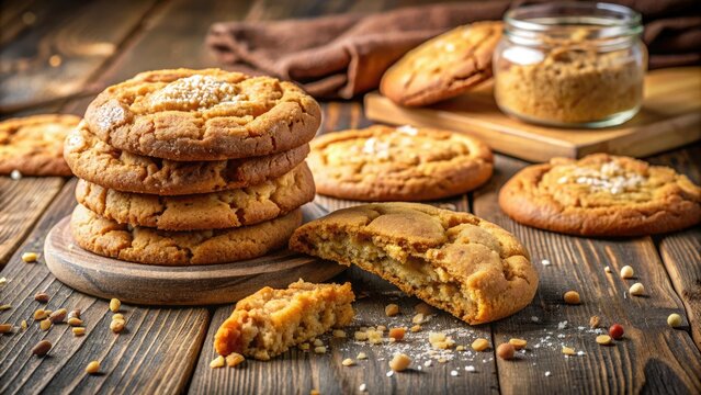 Freshly baked cookies cracking apart to reveal a soft, chewy center, surrounded by crumbs and scattered on a rustic wooden kitchen table surface.