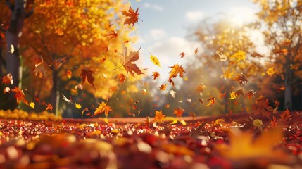 A beautiful view of the forest with fallen maple leaves. Autumn colors on the ground and surface of the stream