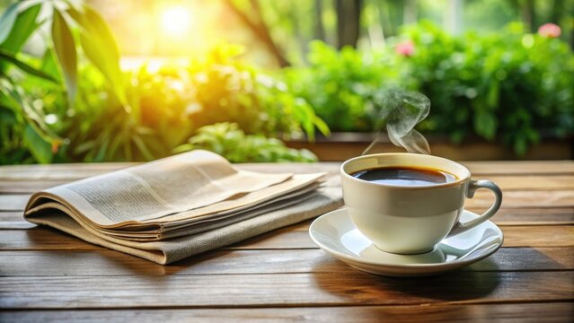 Freshly brewed coffee and morning newspaper on a wooden table, surrounded by natural light, evoking a sense of serenity and quiet morning routine.
