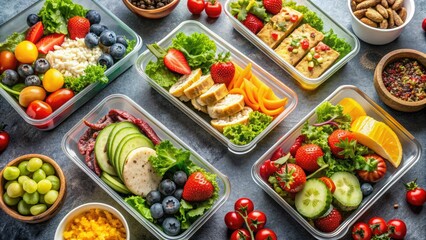 Freshly cooked healthy meals in containers, including salads, fruits, and lean proteins, arranged on a kitchen counter, ready for a busy lifestyle on-the-go.
