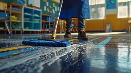 Person cleaning a school classroom, the person must be a cleaner, an adult, must have a blue apron, black shoes, AI Generative