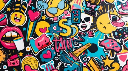 Obraz premium This is a lively and vibrant collection of colorful stickers that feature playful, cheerful icons and expressions