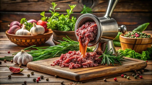 Freshly ground lamb meat pours out of a grinder onto a wooden cutting board, surrounded by fresh herbs and spices, ready for culinary creation.