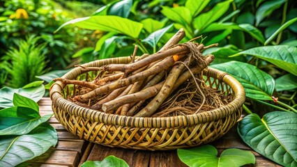 Obraz premium Freshly harvested kava root laid out to dry in a woven basket, surrounded by lush green leaves and earthy tones, evoking a sense of natural tranquility.