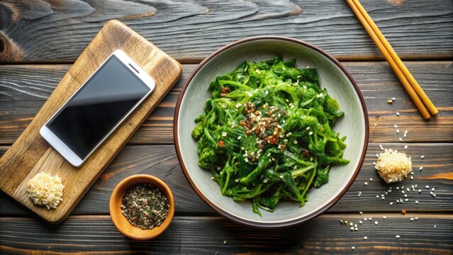 Freshly harvested seaweed sprinkled as a nutritious topping on a savory dish, photographed from above with a smartphone lying beside, capturing the moment.