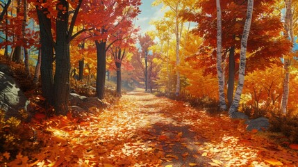 Obraz premium Landscapes of colorful trees and pavement, autumn colors in the forest create a beautiful scenery. Autumn view in nature. Fantasy image.
