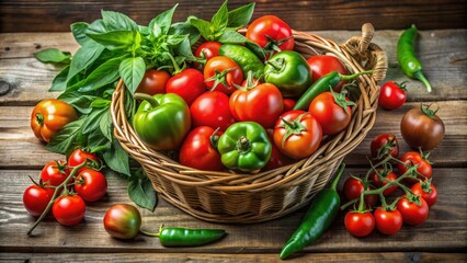 Freshly picked basket overflowing with vibrant red tomatoes and green peppers amidst lush green leaves, surrounded by rustic wooden boards and earthy tones.