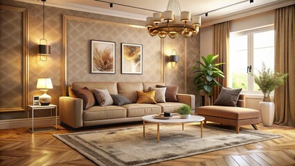 Warm golden lighting and whimsical patterned rug add texture and depth, while smart home devices and decorative accents blend modernity and nostalgia, inducing relaxation and serenity.