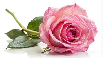Freshly picked single pink rose with dew droplets on delicate petals and slender stem isolated on white background, symbolizing love and elegance.