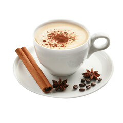 Aromatic cappuccino coffee cup with cinnamon sticks, star anise, and coffee beans. Creamy latte topped with cocoa powder creating an inviting scene of warmth, isolated on blank transparent background
